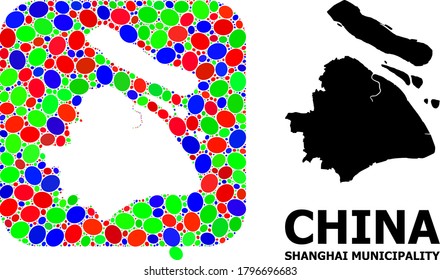 Vector mosaic and solid map of Shanghai Municipality. Bright geographic map constructed as subtraction from rounded square with bright ellipses.
