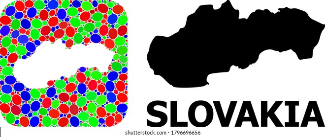 Vector mosaic and solid map of Slovakia. Bright geographic map created as subtraction from rounded square with bright elliptic elements.
