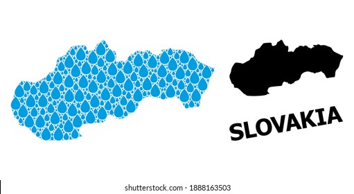 Vector mosaic and solid map of Slovakia. Map of Slovakia vector mosaic for drinking water ads. Map of Slovakia is designed with blue clear liquid drops. Symbol of clear drinking water.