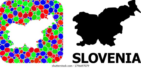 Vector mosaic and solid map of Slovenia. Bright geographic map designed as subtraction from rounded square with bright elliptic elements.