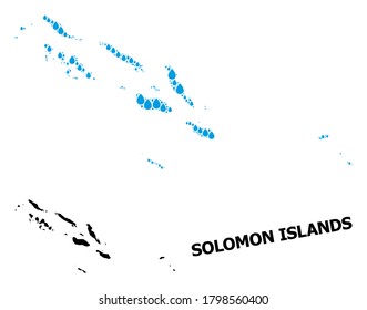Vector mosaic and solid map of Solomon Islands. Map of Solomon Islands vector mosaic for drinking water ads. Map of Solomon Islands is formed with blue clear water raindrops.