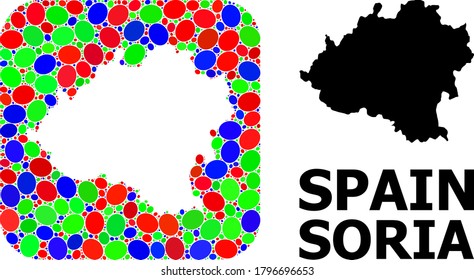 Vector mosaic and solid map of Soria Province. Bright geographic map constructed as stencil from rounded square with bright elliptic elements.