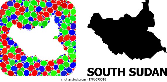 Vector mosaic and solid map of South Sudan. Bright geographic map constructed as stencil from rounded square with bright ellipses. Mosaic map of South Sudan formed with ellipses in various sizes.
