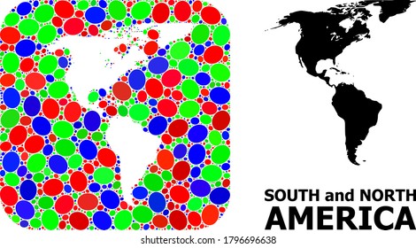 Vector mosaic and solid map of South and North America. Bright geographic map created as carved shape from rounded square with bright elliptic elements.