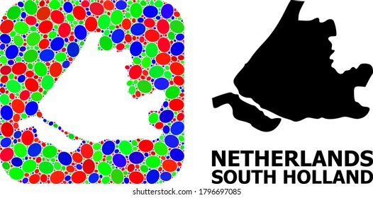 Vector mosaic and solid map of South Holland. Bright geographic map created as subtraction from rounded square with bright elliptic elements.