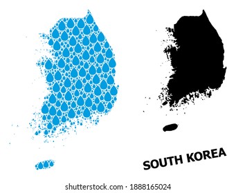 Vector mosaic and solid map of South Korea. Map of South Korea vector mosaic for drinking water ads. Map of South Korea is created with blue drinking liquid drops. Symbol for natural drinking water.
