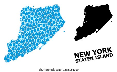 Vector mosaic and solid map of Staten Island. Map of Staten Island vector mosaic for drinking water ads. Map of Staten Island is formed with blue clean water tears. Symbol of clean drinking water.