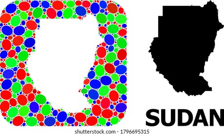 Vector mosaic and solid map of Sudan. Bright geographic map designed as hole from rounded square with bright elliptic elements. Mosaic map of Sudan created with elliptic elements in variable sizes.
