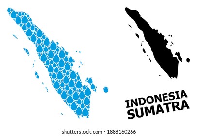 Vector mosaic and solid map of Sumatra Island. Map of Sumatra Island vector mosaic for drinking water ads. Map of Sumatra Island is composed with blue clean water tears.
