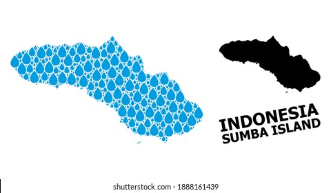 Vector mosaic and solid map of Sumba Island. Map of Sumba Island vector mosaic for pure water ads. Map of Sumba Island is composed with blue pure aqua raindrops. Symbol of pure drinking water.