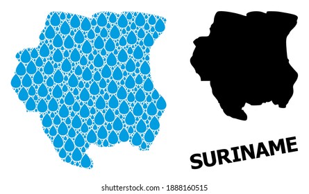 Vector mosaic and solid map of Suriname. Map of Suriname vector mosaic for drinking water ads. Map of Suriname is created with blue clear water raindrops. Symbol of pure drinking water.