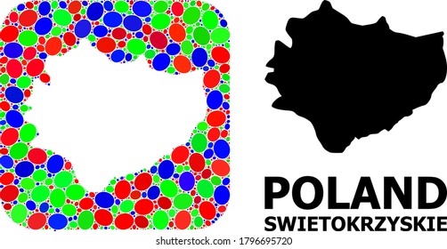 Vector mosaic and solid map of Swietokrzyskie Province. Bright geographic map constructed as subtraction from rounded square with bright elliptic elements.