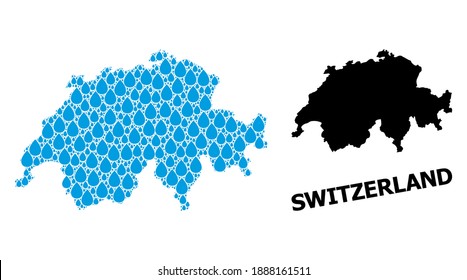 Mosaico vectorial y mapa sólido de Suiza. Mapa del mosaico vector de Suiza para anuncios de agua potable. Mapa de Suiza se forma a partir de gotas de lluvia azules de agua potable. Símbolo de agua potable.