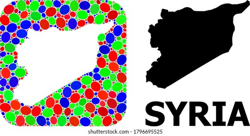 Vector mosaic and solid map of Syria. Bright geographic map created as stencil from rounded square with bright elliptic elements. Collage map of Syria created with elliptic elements in various sizes.
