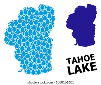Vector mosaic and solid map of Tahoe Lake. Map of Tahoe Lake vector mosaic for drinking water ads. Map of Tahoe Lake is formed with blue clean water raindrops. Symbol of clean drinking water. svg