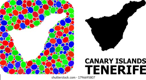 Vector mosaic and solid map of Tenerife Island. Bright geographic map designed as stencil from rounded square with bright elliptic elements.