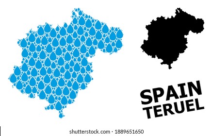 Vector mosaic and solid map of Teruel Province. Map of Teruel Province vector mosaic for pure water ads. Map of Teruel Province is designed with blue drinking aqua drops.