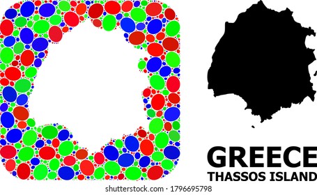 Vector mosaic and solid map of Thassos Island. Bright geographic map created as subtraction from rounded square with bright elliptic elements.