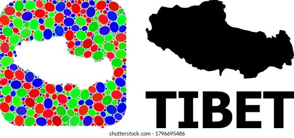 Vector mosaic and solid map of Tibet. Bright geographic map constructed as stencil from rounded square with bright elliptic elements.