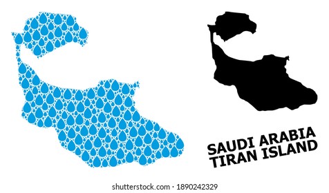 Vector mosaic and solid map of Tiran Island. Map of Tiran Island vector mosaic for drinking water ads. Map of Tiran Island is formed with blue pure water tears. Symbol of clear drinking water.