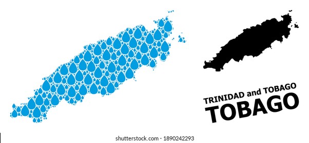 Vector mosaic and solid map of Tobago Island. Map of Tobago Island vector mosaic for clean water ads. Map of Tobago Island is created with blue clear liquid dews. Symbol of clear drinking water.