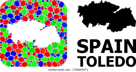 Vector mosaic and solid map of Toledo Province. Bright geographic map created as subtraction from rounded square with bright ellipses.
