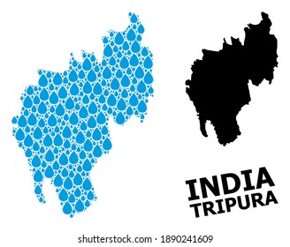 Vector mosaic and solid map of Tripura State. Map of Tripura State vector mosaic for drinking water ads. Map of Tripura State is created from blue clear water dews. Symbol of clean drinking water.