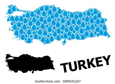 Vector mosaic and solid map of Turkey. Map of Turkey vector mosaic for clean water ads. Map of Turkey is designed from blue drinking water raindrops. Symbol of clean drinking water.