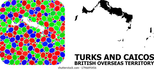 Vector mosaic and solid map of Turks and Caicos Islands. Bright geographic map created as stencil from rounded square with bright ellipses.