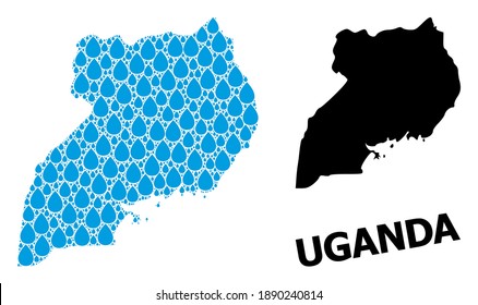 Vector mosaic and solid map of Uganda. Map of Uganda vector mosaic for drinking water ads. Map of Uganda is designed with blue clear aqua raindrops. Symbol for clear drinking water.