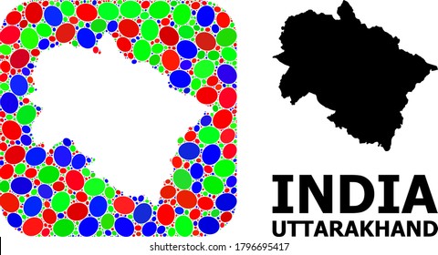 Vector mosaic and solid map of Uttarakhand State. Bright geographic map designed as carved shape from rounded square with bright ellipses.