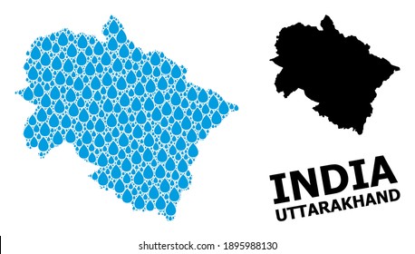 Vector mosaic and solid map of Uttarakhand State. Map of Uttarakhand State vector mosaic for drinking water ads. Map of Uttarakhand State is created with blue drinking water dews.