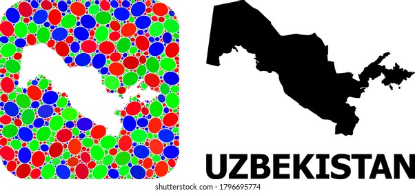 Vector mosaic and solid map of Uzbekistan. Bright geographic map designed as subtraction from rounded square with bright elliptic elements.