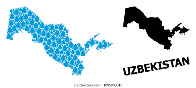 Vector mosaic and solid map of Uzbekistan. Map of Uzbekistan vector mosaic for drinking water ads. Map of Uzbekistan is composed with blue drinking water drops. Symbol of clean drinking water.
