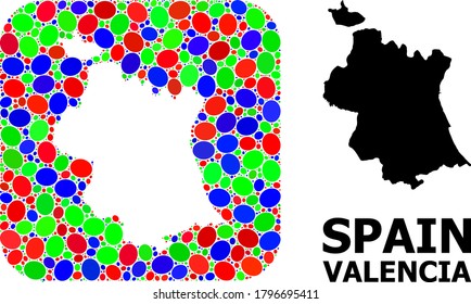 Vector mosaic and solid map of Valencia Province. Bright geographic map constructed as hole from rounded square with bright elliptic elements.