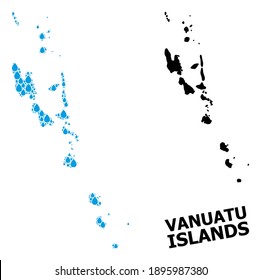 Vector mosaic and solid map of Vanuatu Islands. Map of Vanuatu Islands vector mosaic for drinking water ads. Map of Vanuatu Islands is created with blue drinking liquid tears.