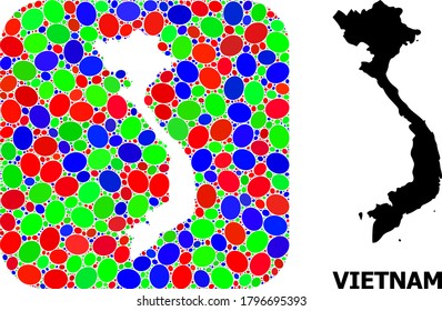 Vector mosaic and solid map of Vietnam. Bright geographic map designed as hole from rounded square with bright elliptic elements.
