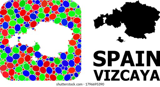 Vector mosaic and solid map of Vizcaya Province. Bright geographic map designed as carved shape from rounded square with bright elliptic elements.