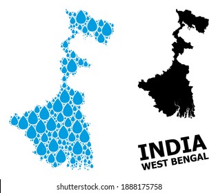 Vector mosaic and solid map of West Bengal State. Map of West Bengal State vector mosaic for pure water ads. Map of West Bengal State is composed with blue pure water tears.