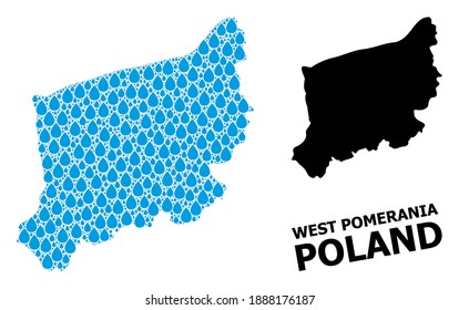 Vector mosaic and solid map of West Pomerania Province. Map of West Pomerania Province vector mosaic for pure water ads. Map of West Pomerania Province is designed with blue drinking liquid drops.