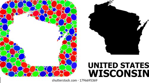 Vector mosaic and solid map of Wisconsin State. Bright geographic map created as carved shape from rounded square with bright elliptic elements.