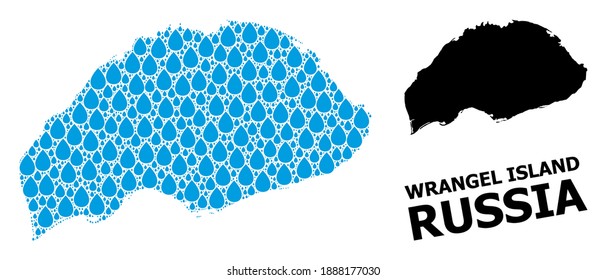 Vector mosaic and solid map of Wrangel Island. Map of Wrangel Island vector mosaic for clean water ads. Map of Wrangel Island is formed with blue clean water tears. Symbol for clear drinking water.