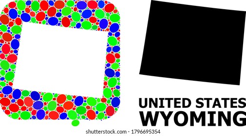 Vector mosaic and solid map of Wyoming State. Bright geographic map designed as carved shape from rounded square with bright ellipses.