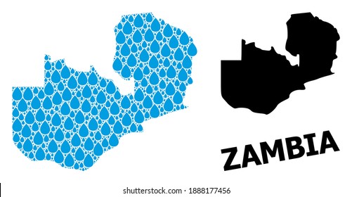 Vector mosaic and solid map of Zambia. Map of Zambia vector mosaic for pure water ads. Map of Zambia is formed with blue pure water dews. Symbol for natural drinking water.