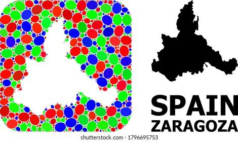 Vector mosaic and solid map of Zaragoza Province. Bright geographic map designed as hole from rounded square with bright elliptic elements.