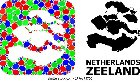 Vector mosaic and solid map of Zeeland Province. Bright geographic map constructed as subtraction from rounded square with bright elliptic elements.