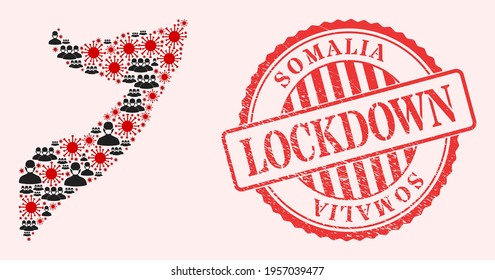 Vector mosaic Somalia map of covid-2019 virus, masked people and red grunge lockdown seal stamp. Virus cells and men in masks inside Somalia map.