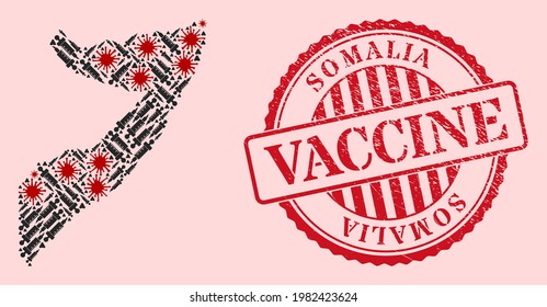 Mapa del virus de la gripe, íconos de inoculación y sello de sello de la vacuna de grunge roja, mosaico vectorial de Somalia. Células de virus y elementos de vacunas dentro del mapa de Somalia.