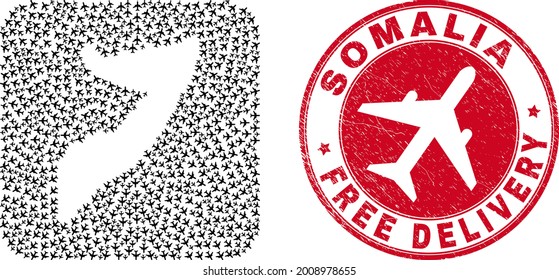 Vector mosaic Somalia map of jet vehicle elements and grunge Free Delivery seal. Collage geographic Somalia map created as hole from rounded square shape using shipping jet vehicles.