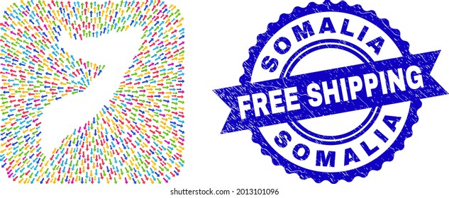 Vector mosaic Somalia map of motion arrows and rubber Free Shipping stamp. Mosaic Somalia map constructed as stencil from rounded square shape with emigration arrows.
